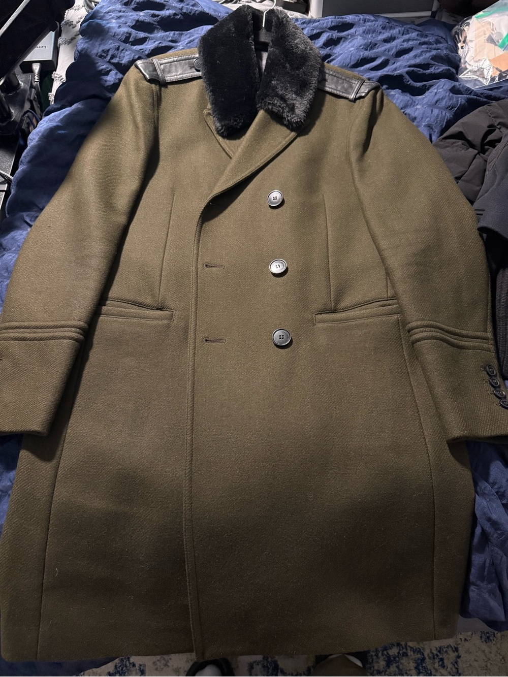 The Kooples Men’s Olive Wool Military Coat Shearling